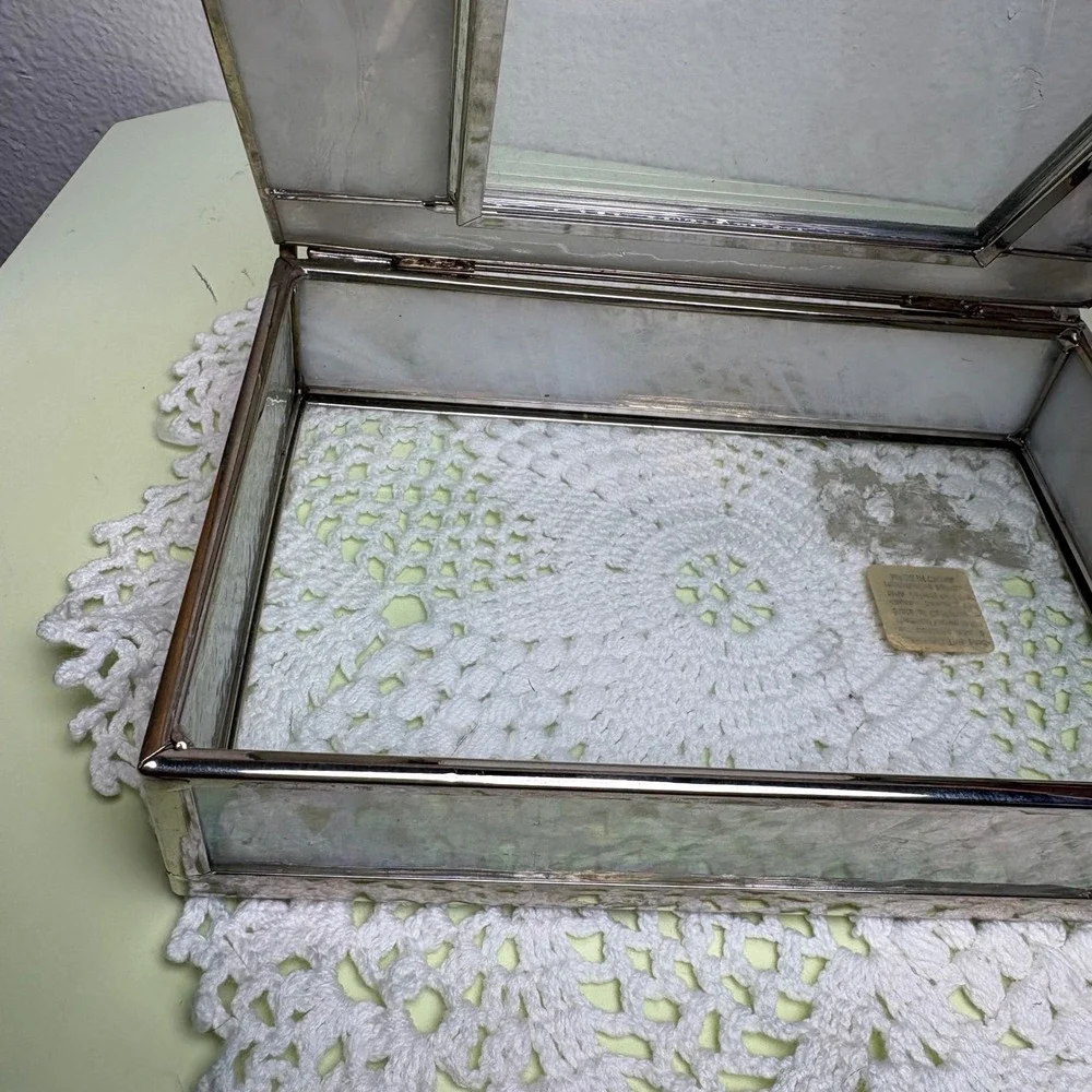 Vintage White Rectangular Jewelry Box Iridescent Hearts Stained Glass